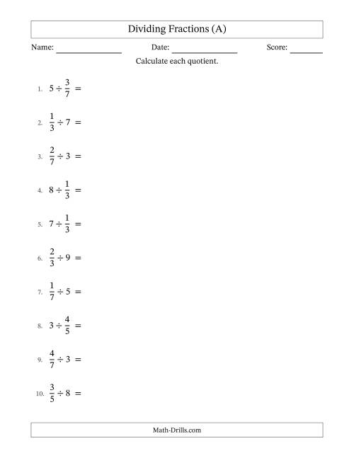 The Dividing Proper Fractions and Whole Numbers with No Simplification (A) Math Worksheet