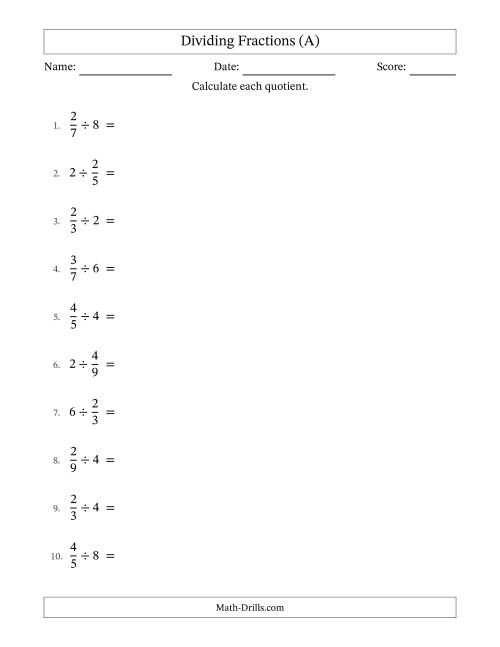 The Dividing Proper Fractions and Whole Numbers with All Simplification (A) Math Worksheet