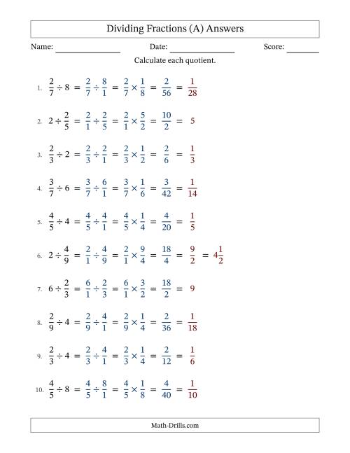 The Dividing Proper Fractions and Whole Numbers with All Simplification (A) Math Worksheet Page 2