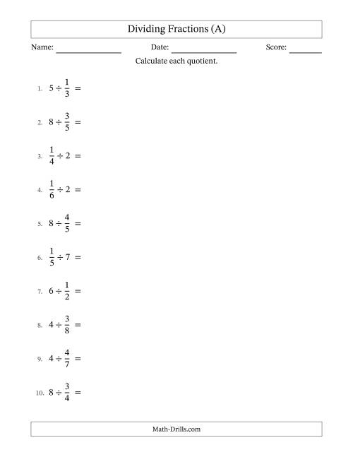 The Dividing Proper Fractions and Whole Numbers with Some Simplification (A) Math Worksheet