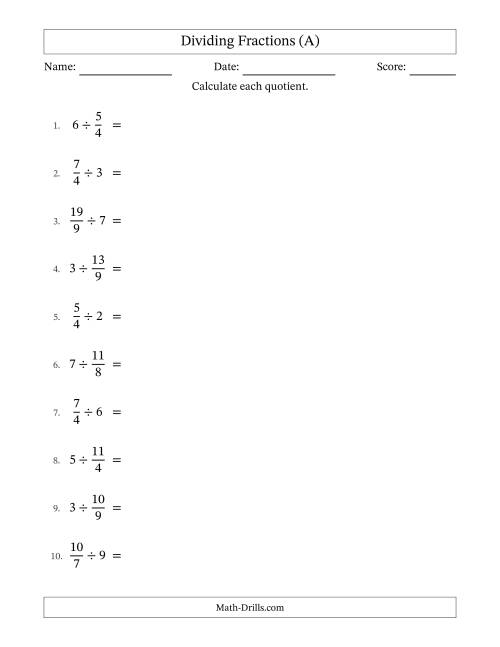 The Dividing Improper Fractions and Whole Numbers with No Simplification (A) Math Worksheet