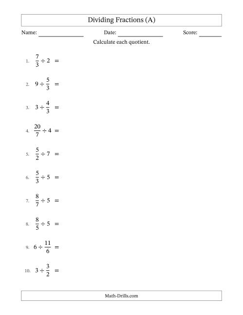 The Dividing Improper Fractions and Whole Numbers with Some Simplification (A) Math Worksheet