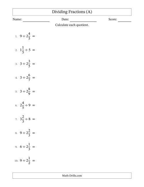 The Dividing Mixed Fractions and Whole Numbers with No Simplification (A) Math Worksheet