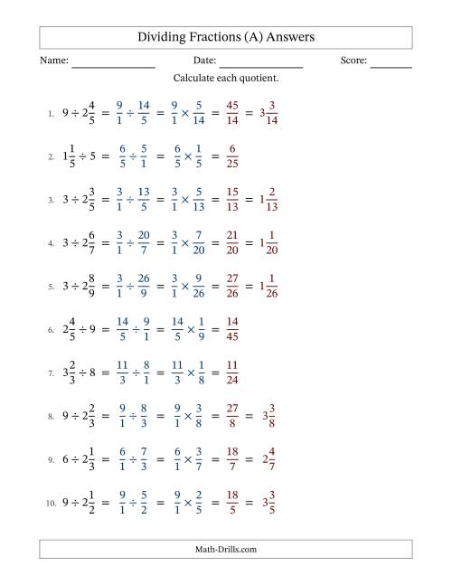 The Dividing Mixed Fractions and Whole Numbers with No Simplification (A) Math Worksheet Page 2