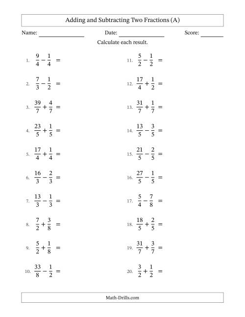 The Adding and Subtracting Proper and Improper Fractions with Equal Denominators, Mixed Fractions Results and Some Simplifying (A) Math Worksheet