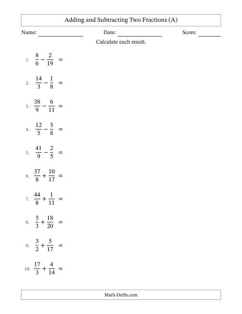 The Adding and Subtracting Proper and Improper Fractions with Unlike Denominators, Mixed Fractions Results and Some Simplifying (A) Math Worksheet