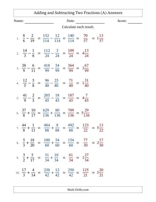 The Adding and Subtracting Proper and Improper Fractions with Unlike Denominators, Mixed Fractions Results and Some Simplifying (A) Math Worksheet Page 2