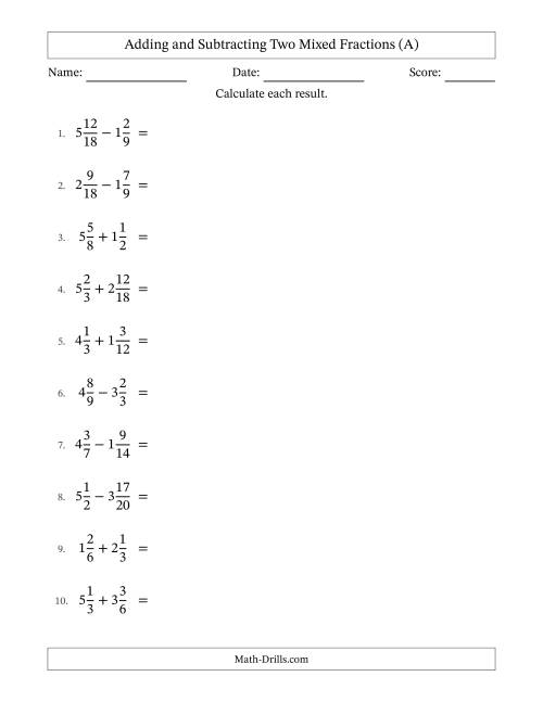The Adding and Subtracting Two Mixed Fractions with Similar Denominators, Mixed Fractions Results and Some Simplifying (A) Math Worksheet