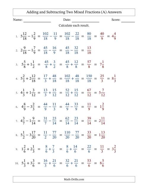 The Adding and Subtracting Two Mixed Fractions with Similar Denominators, Mixed Fractions Results and Some Simplifying (A) Math Worksheet Page 2