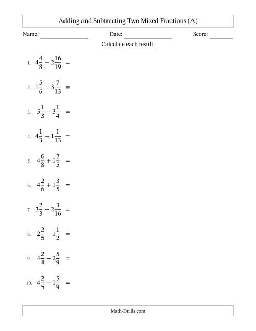 The Adding and Subtracting Two Mixed Fractions with Unlike Denominators, Mixed Fractions Results and Some Simplifying (A) Math Worksheet