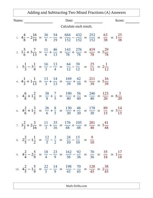 The Adding and Subtracting Two Mixed Fractions with Unlike Denominators, Mixed Fractions Results and Some Simplifying (A) Math Worksheet Page 2