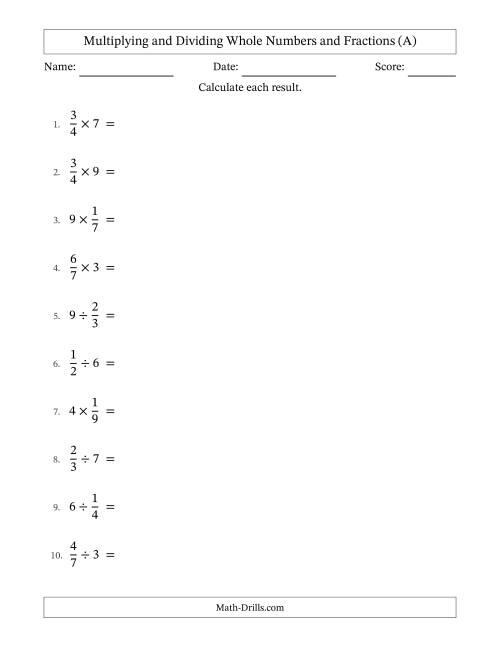 The Multiplying and Dividing Proper Fractions and Whole Numbers with No Simplifying (A) Math Worksheet