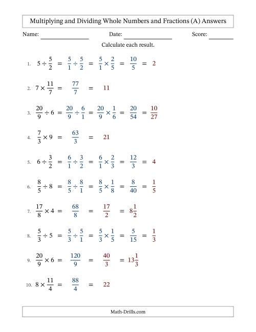 The Multiplying and Dividing Improper Fractions and Whole Numbers with All Simplifying (A) Math Worksheet Page 2