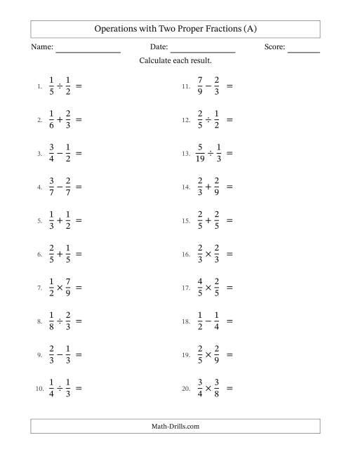 The Operations with Two Proper Fractions with Equal Denominators, Proper Fractions Results and No Simplifying (A) Math Worksheet