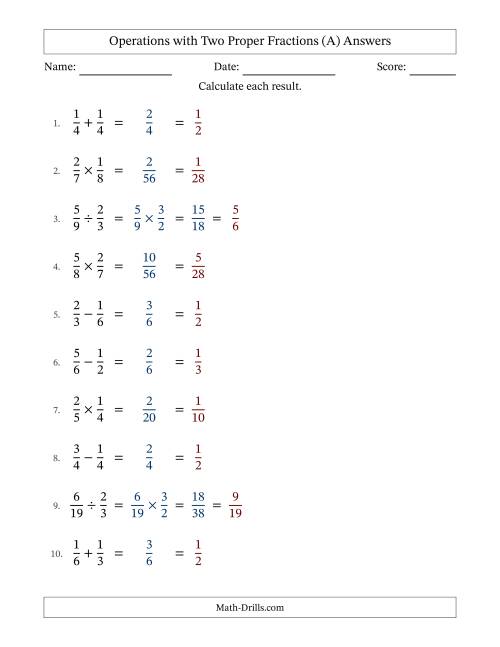 The Operations with Two Proper Fractions with Equal Denominators, Proper Fractions Results and All Simplifying (A) Math Worksheet Page 2