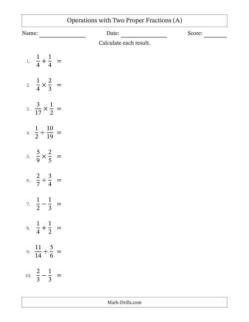 The Operations with Two Proper Fractions with Equal Denominators, Proper Fractions Results and Some Simplifying (A) Math Worksheet