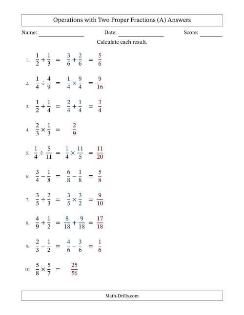 The Operations with Two Proper Fractions with Similar Denominators, Proper Fractions Results and No Simplifying (A) Math Worksheet Page 2