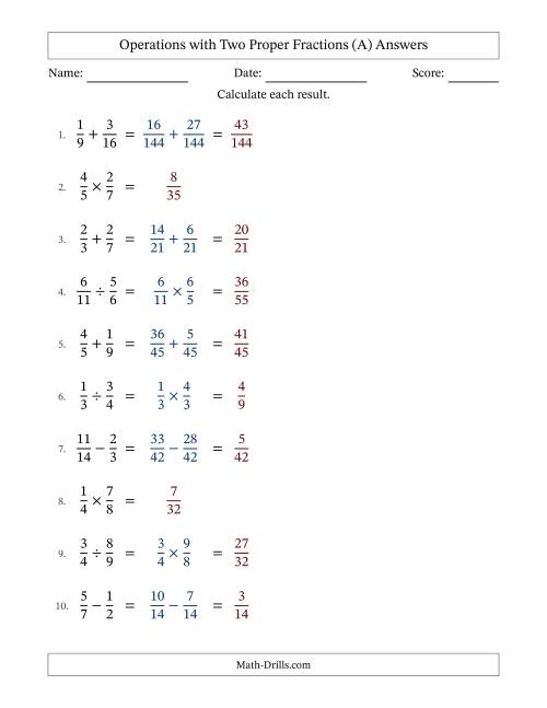 The Operations with Two Proper Fractions with Unlike Denominators, Proper Fractions Results and No Simplifying (A) Math Worksheet Page 2