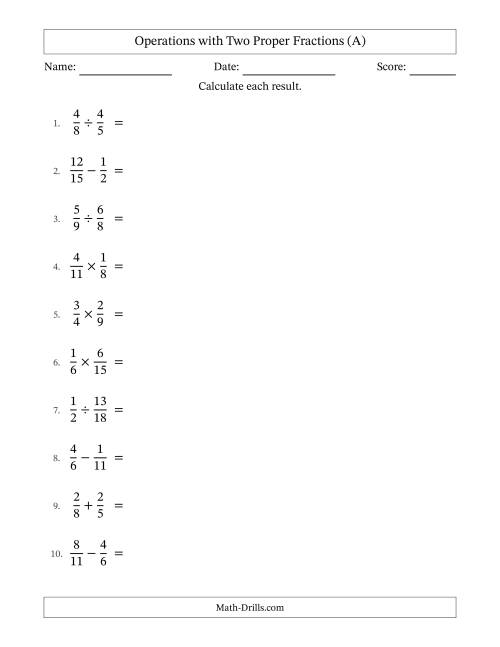 The Operations with Two Proper Fractions with Unlike Denominators, Proper Fractions Results and All Simplifying (A) Math Worksheet