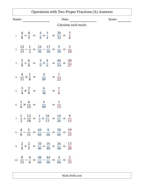 The Operations with Two Proper Fractions with Unlike Denominators, Proper Fractions Results and All Simplifying (A) Math Worksheet Page 2