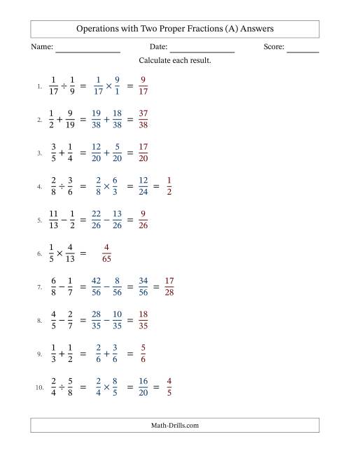 The Operations with Two Proper Fractions with Unlike Denominators, Proper Fractions Results and Some Simplifying (A) Math Worksheet Page 2