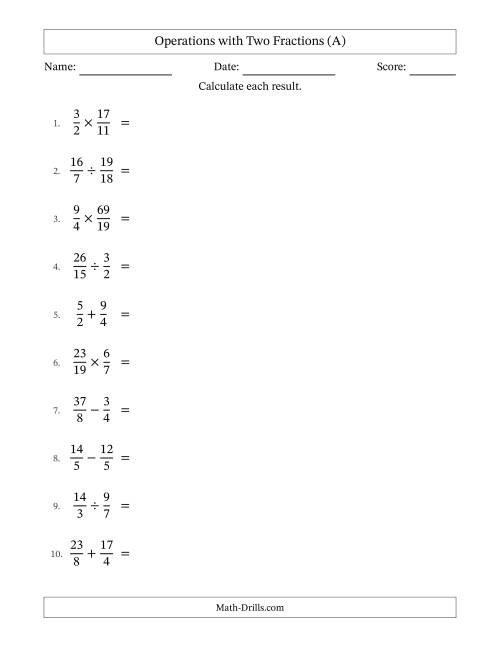The Operations with Proper and Improper Fractions with Equal Denominators, Mixed Fractions Results and No Simplifying (A) Math Worksheet