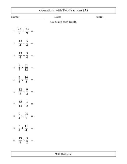 The Operations with Proper and Improper Fractions with Equal Denominators, Mixed Fractions Results and Some Simplifying (A) Math Worksheet