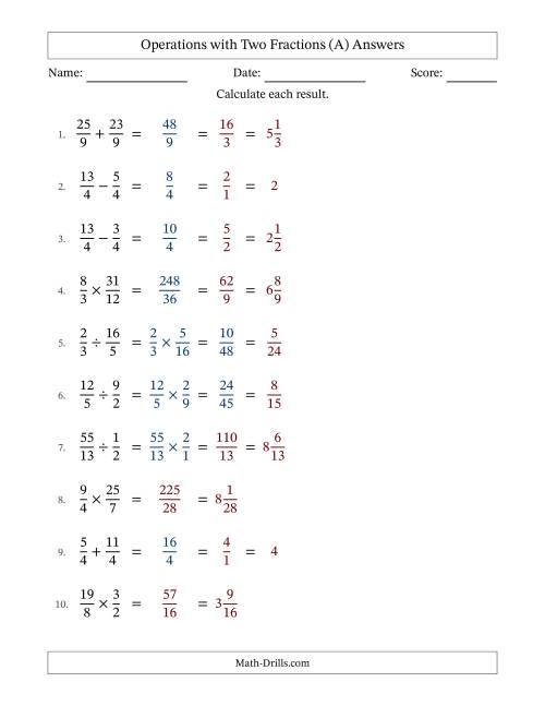 The Operations with Proper and Improper Fractions with Equal Denominators, Mixed Fractions Results and Some Simplifying (A) Math Worksheet Page 2