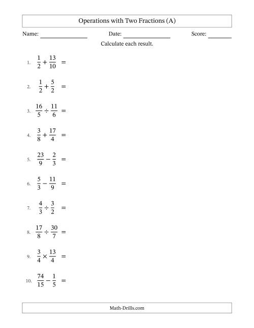 The Operations with Proper and Improper Fractions with Similar Denominators, Mixed Fractions Results and Some Simplifying (A) Math Worksheet