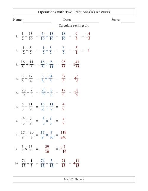 The Operations with Proper and Improper Fractions with Similar Denominators, Mixed Fractions Results and Some Simplifying (A) Math Worksheet Page 2