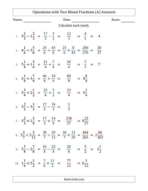 The Operations with Two Mixed Fractions with Equal Denominators, Mixed Fractions Results and Some Simplifying (A) Math Worksheet Page 2