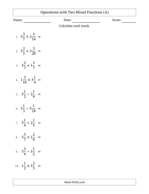 The Operations with Two Mixed Fractions with Similar Denominators, Mixed Fractions Results and No Simplifying (A) Math Worksheet