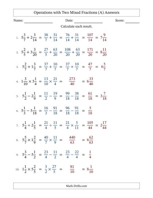 The Operations with Two Mixed Fractions with Similar Denominators, Mixed Fractions Results and No Simplifying (A) Math Worksheet Page 2