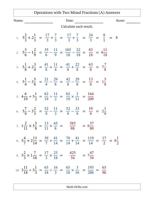 The Operations with Two Mixed Fractions with Similar Denominators, Mixed Fractions Results and Some Simplifying (A) Math Worksheet Page 2