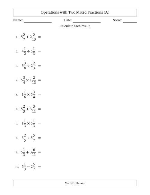 The Operations with Two Mixed Fractions with Unlike Denominators, Mixed Fractions Results and No Simplifying (A) Math Worksheet
