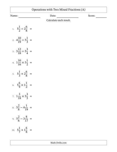 The Operations with Two Mixed Fractions with Unlike Denominators, Mixed Fractions Results and All Simplifying (A) Math Worksheet