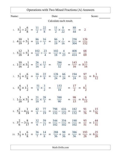 The Operations with Two Mixed Fractions with Unlike Denominators, Mixed Fractions Results and All Simplifying (A) Math Worksheet Page 2