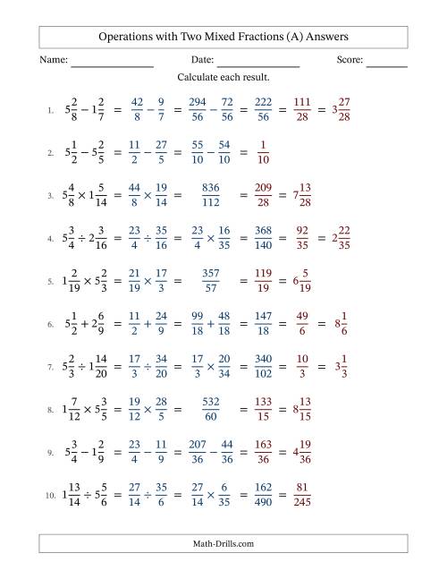 The Operations with Two Mixed Fractions with Unlike Denominators, Mixed Fractions Results and Some Simplifying (A) Math Worksheet Page 2