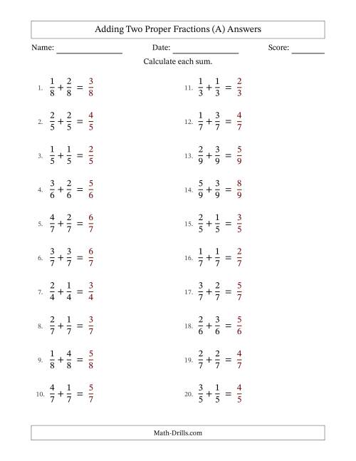 The Adding Two Proper Fractions with Equal Denominators, Proper Fractions Results and No Simplifying (Fillable) (A) Math Worksheet Page 2