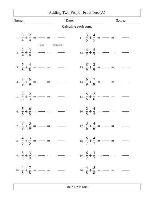 The Adding Two Proper Fractions with Equal Denominators, Mixed Fractions Results and No Simplifying (Fillable) (A) Math Worksheet