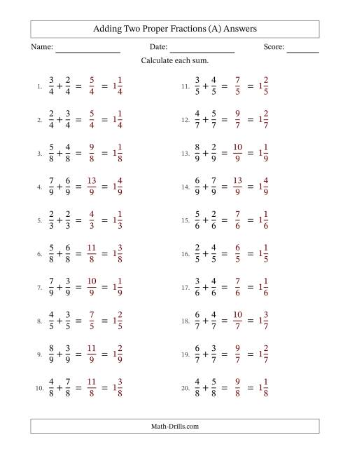 The Adding Two Proper Fractions with Equal Denominators, Mixed Fractions Results and No Simplifying (Fillable) (A) Math Worksheet Page 2