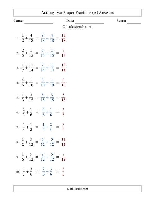 The Adding Two Proper Fractions with Similar Denominators, Proper Fractions Results and No Simplifying (Fillable) (A) Math Worksheet Page 2