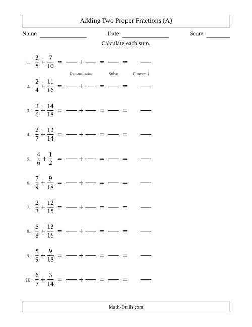 The Adding Two Proper Fractions with Similar Denominators, Mixed Fractions Results and No Simplifying (Fillable) (A) Math Worksheet