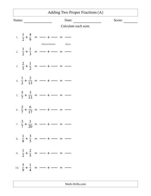The Adding Two Proper Fractions with Unlike Denominators, Proper Fractions Results and No Simplifying (Fillable) (A) Math Worksheet