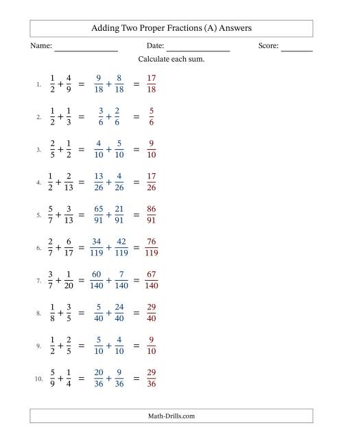 The Adding Two Proper Fractions with Unlike Denominators, Proper Fractions Results and No Simplifying (Fillable) (A) Math Worksheet Page 2
