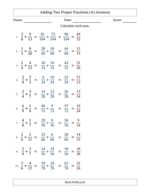 The Adding Two Proper Fractions with Unlike Denominators, Proper Fractions Results and All Simplifying (Fillable) (A) Math Worksheet Page 2