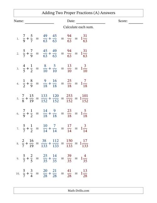 The Adding Two Proper Fractions with Unlike Denominators, Mixed Fractions Results and No Simplifying (Fillable) (A) Math Worksheet Page 2