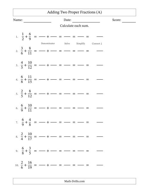 The Adding Two Proper Fractions with Unlike Denominators, Mixed Fractions Results and All Simplifying (Fillable) (A) Math Worksheet