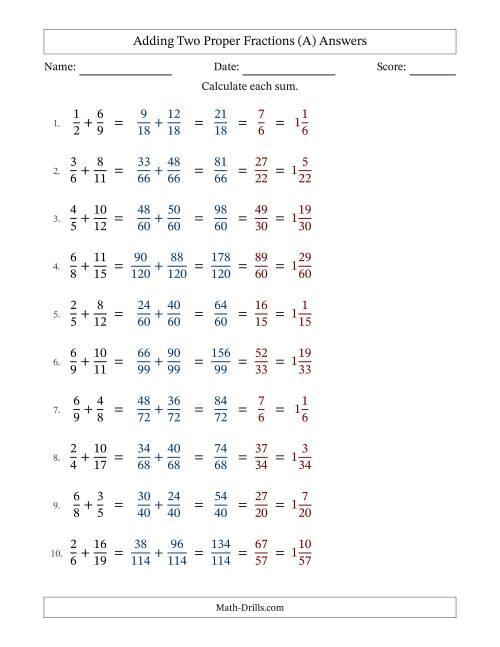 The Adding Two Proper Fractions with Unlike Denominators, Mixed Fractions Results and All Simplifying (Fillable) (A) Math Worksheet Page 2