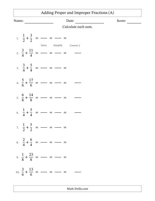 The Adding Proper and Improper Fractions with Equal Denominators, Mixed Fractions Results and All Simplifying (Fillable) (A) Math Worksheet